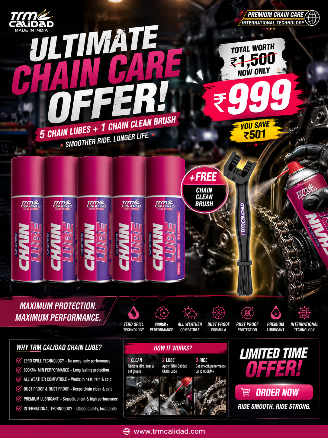 (5*150ml) Pure Synthetic Chain Lube combo offer get one brush free total worth 1500rs